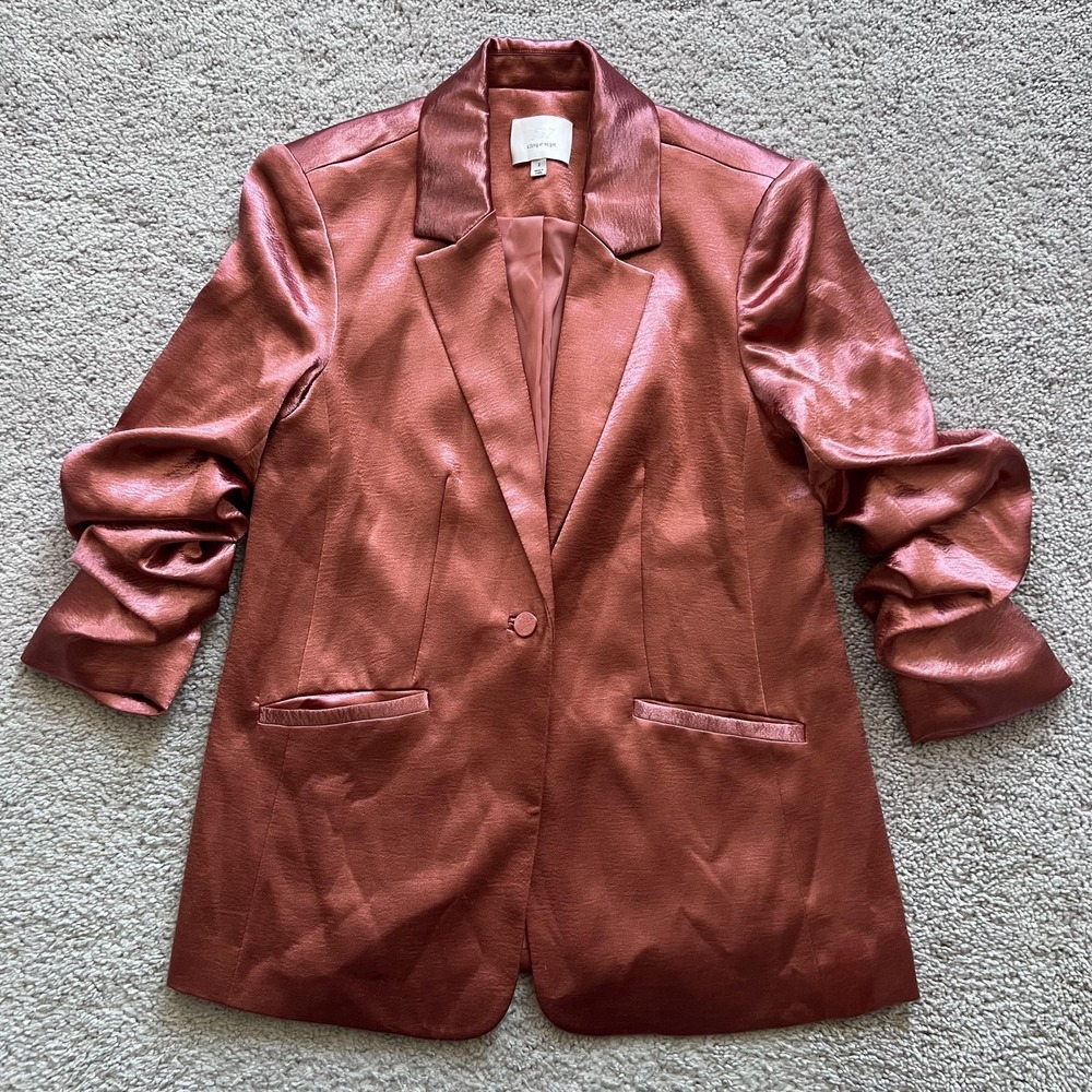 Cinq À Sept Kylie Satin Blazer Rosewood Ruched Sleeve Womens 2 One Button Jacket